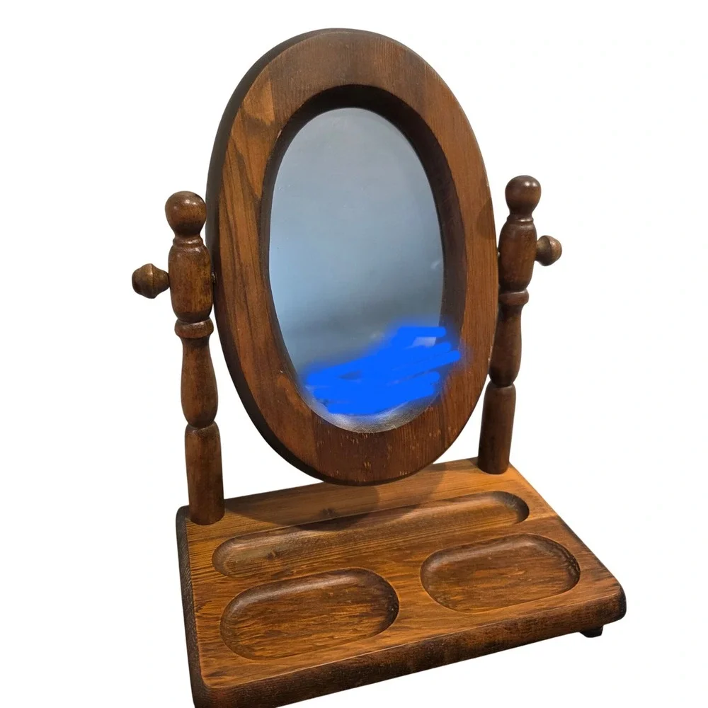 Vintage Wood Oval Vanity Mirror with Jewelry Valet Tray, Tabletop Trinket Holder
